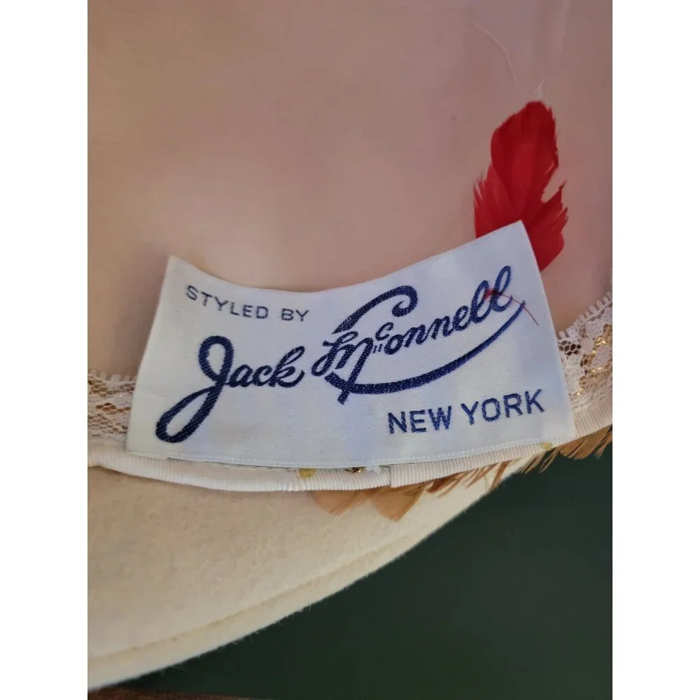 Vintage Cream Wool Derby Hat w/ Feather Embellishments By Jack McConnell 21" - Picture 6 of 6